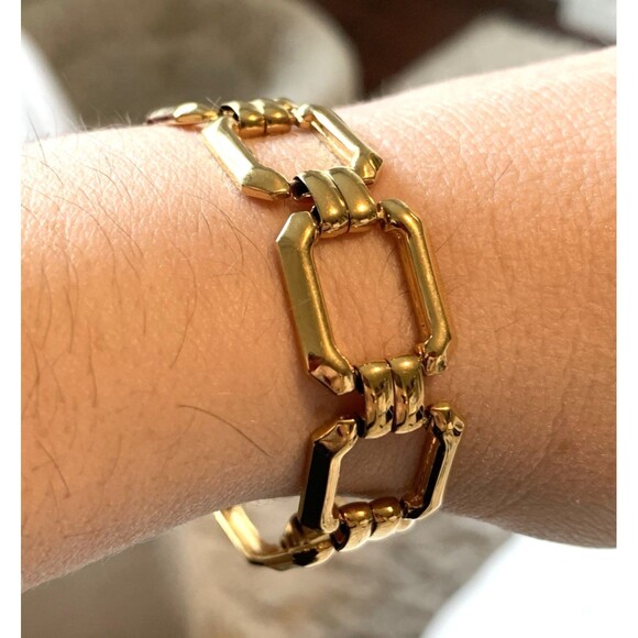 Vintage Monet Gold-Tone Geometric Link Bracelet 1970s Bold Statement - Picture 9 of 10